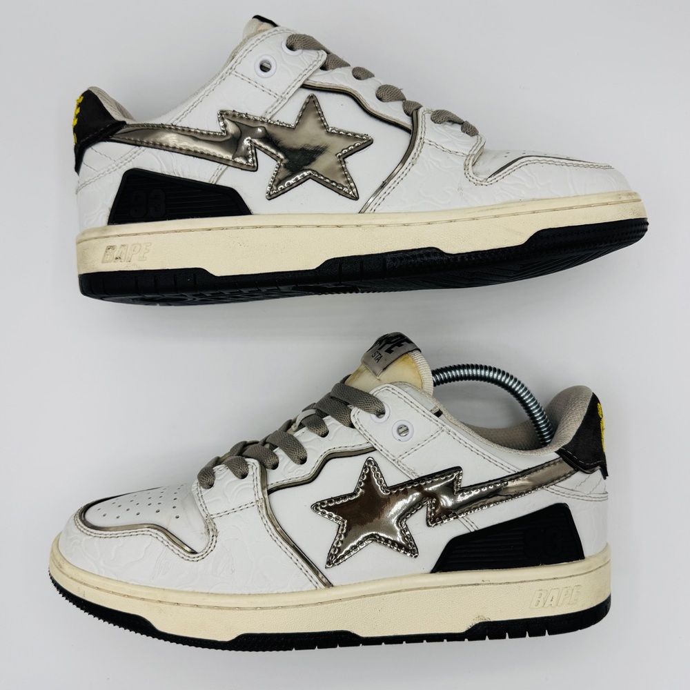 BAPE Sk8 Sta Leather Sneakers - White w/ Metallic Silver Logo - NIGO Bathing Ape